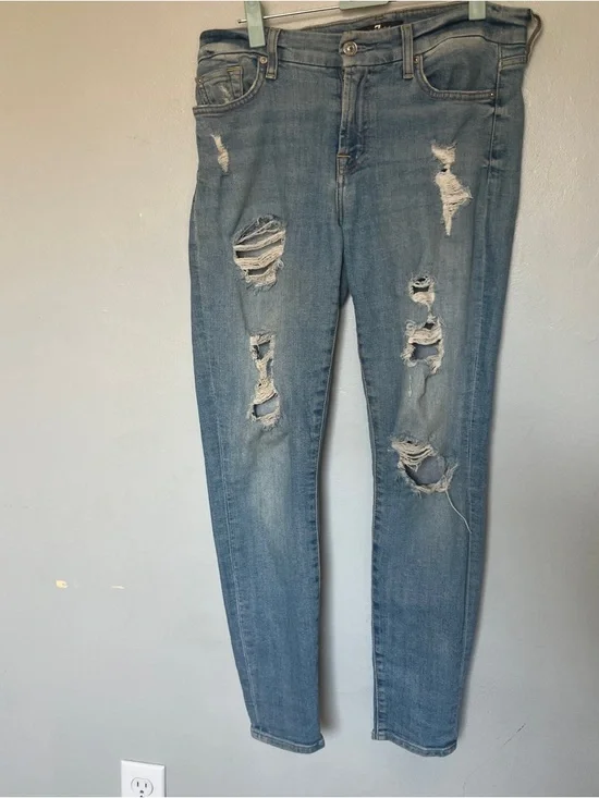 7 For All Mankind Light Blue Distressed Skinny Jeans - Picture 2 of 11